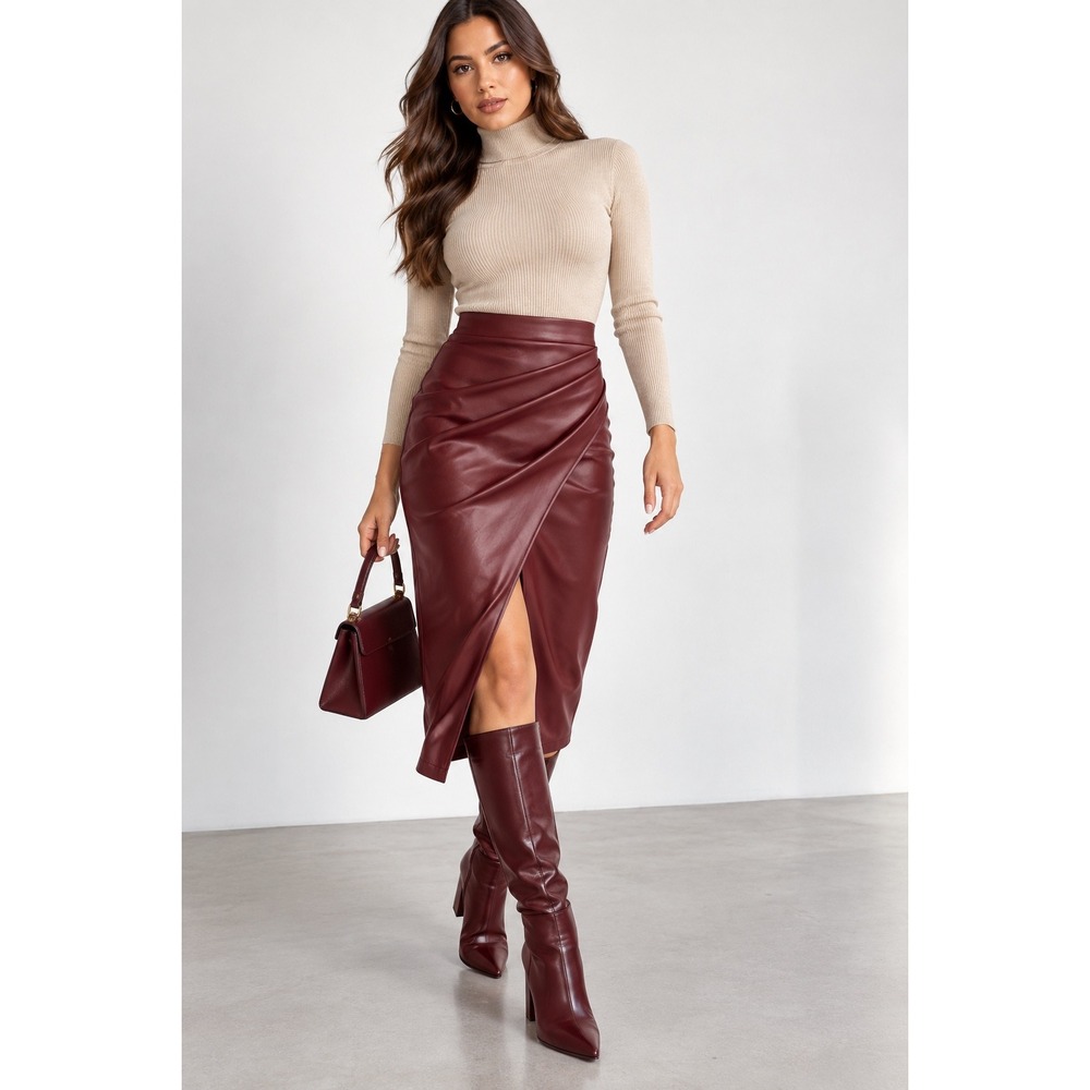 Commense Pleated Split PU Leather Skirt midi Burgundy size XL